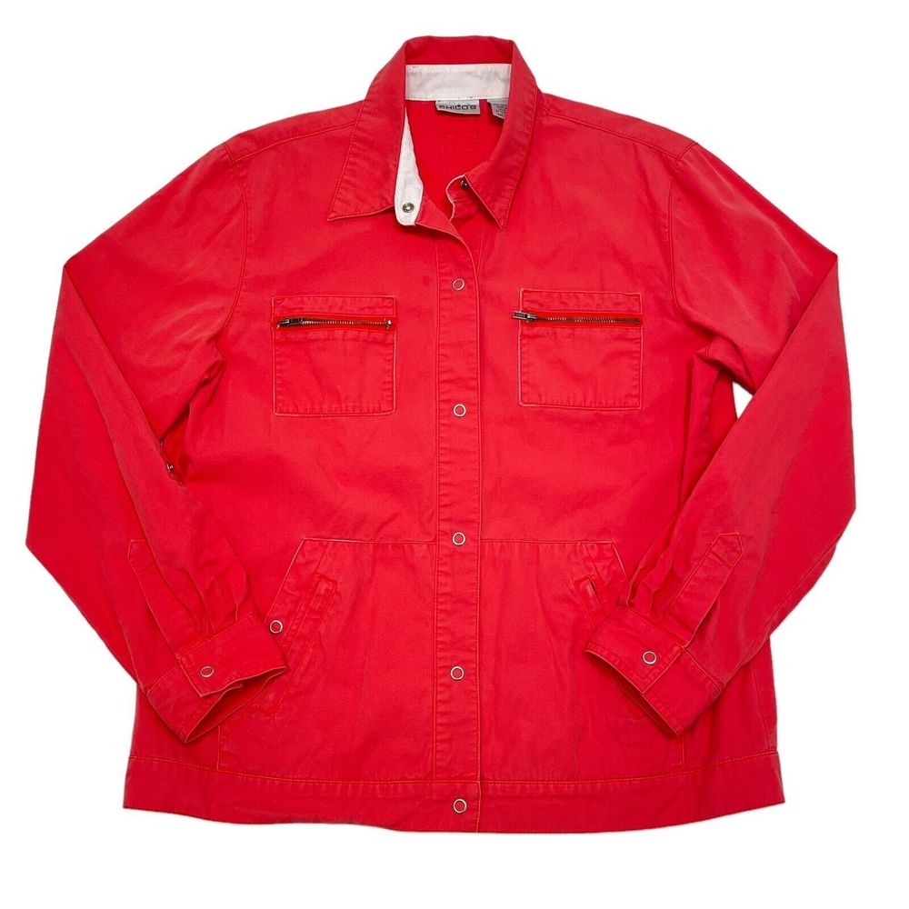 Chico's Jacket Size 1 / Medium Pink Snap Button Front Collared Pockets Utility